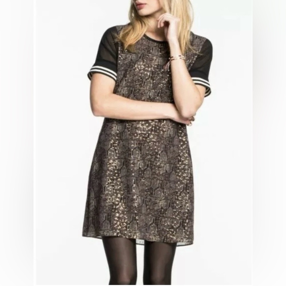 Scotch & Soda Black Brown and Gold Patterned Mini Dress Varsity Style Size 4
